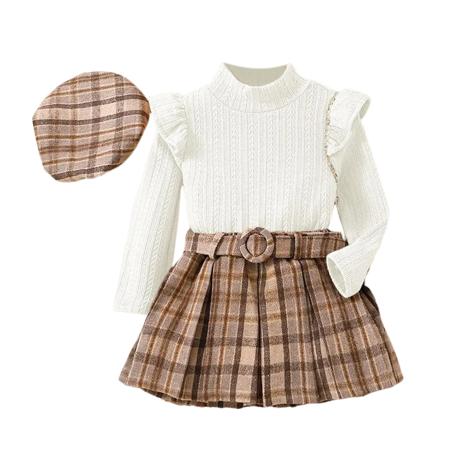 Conjunto Infantil Feminino Blusa Mais Saia Xadrez com Boina