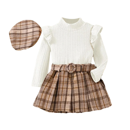 Conjunto Infantil Feminino Blusa Mais Saia Xadrez com Boina