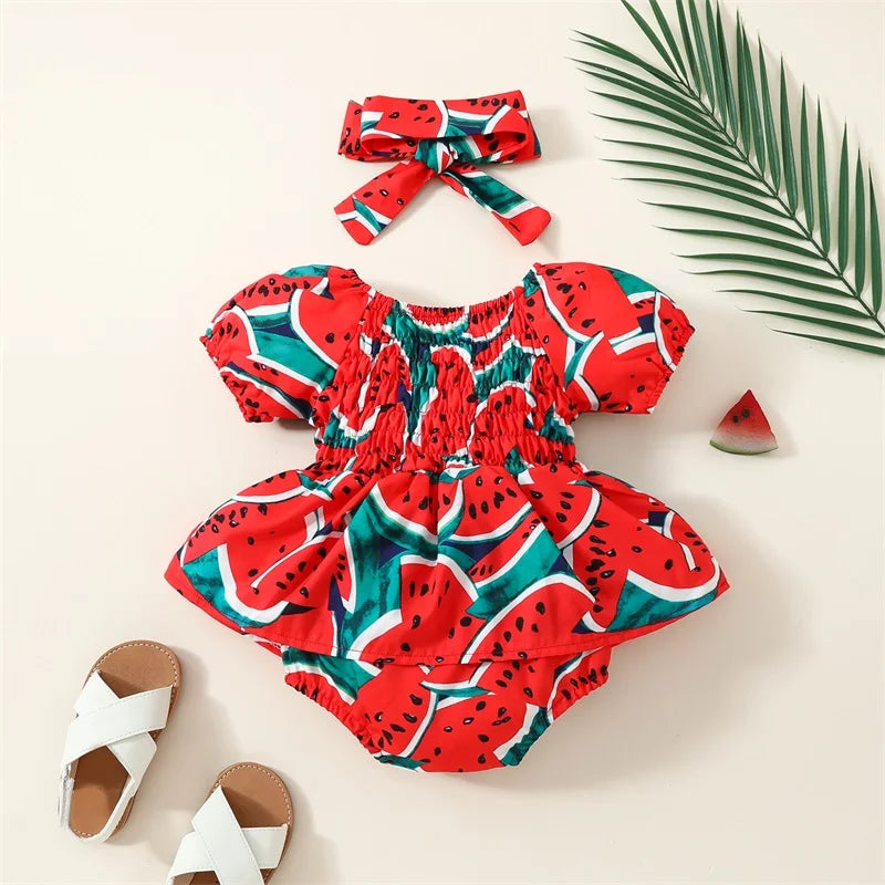 Conjunto Baby Body de Vestido Melancia + Faixa de Melancia