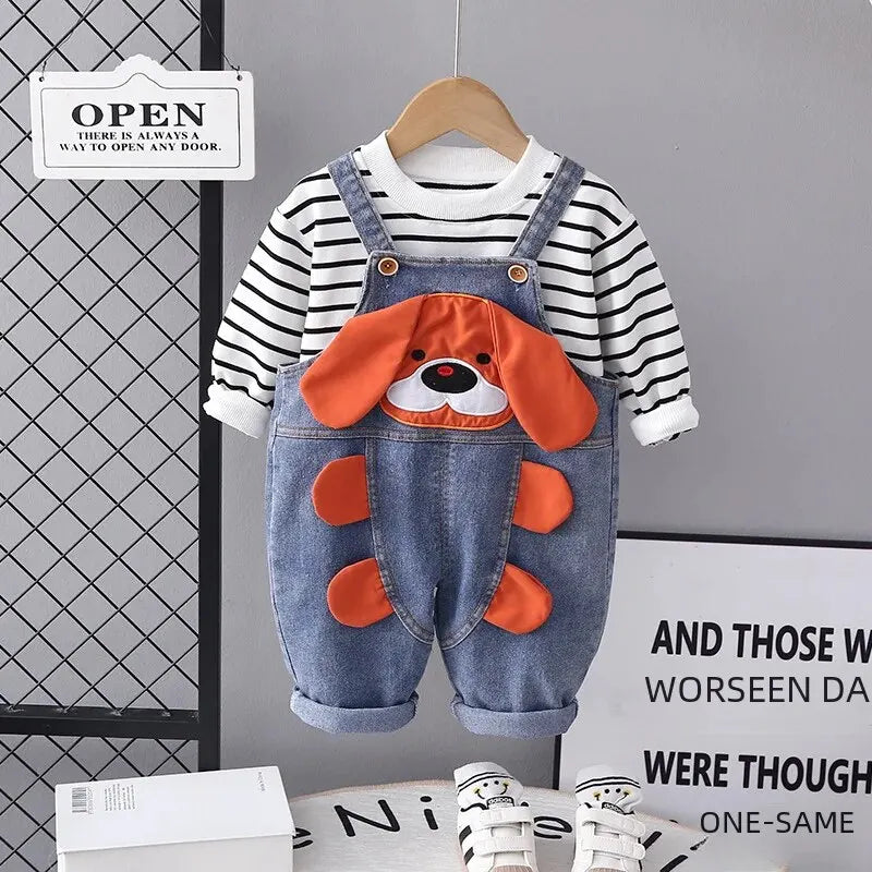 Conjunto Infantil Jardineira Cachorrinho +  Camisa Listrada Manga Longa