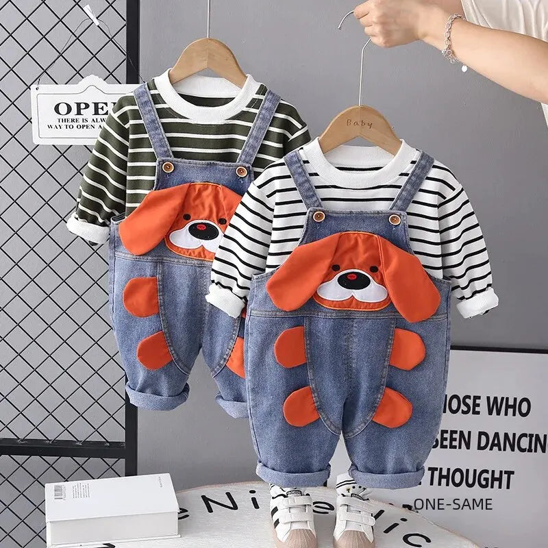 Conjunto Infantil Jardineira Cachorrinho +  Camisa Listrada Manga Longa