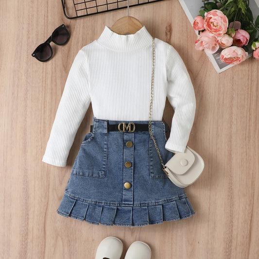 Conjunto Infantil Camisa Manga Longa + Saia Jeans com Cinto