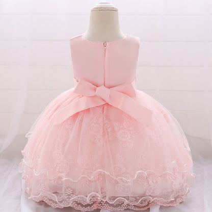 Vestido Infantil de Festa Renda Floral e Laçinho