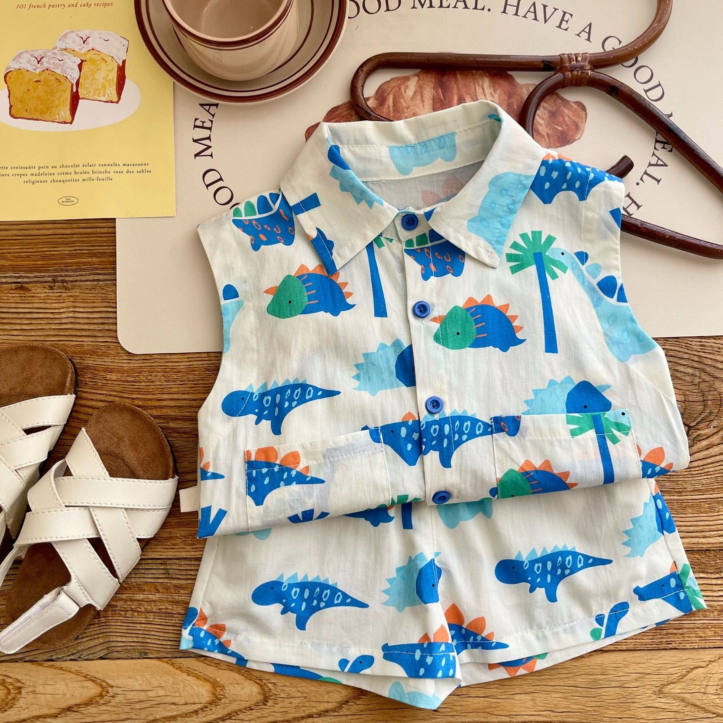 Conjunto Infantil Masculino Azul Dino Bolsinhos