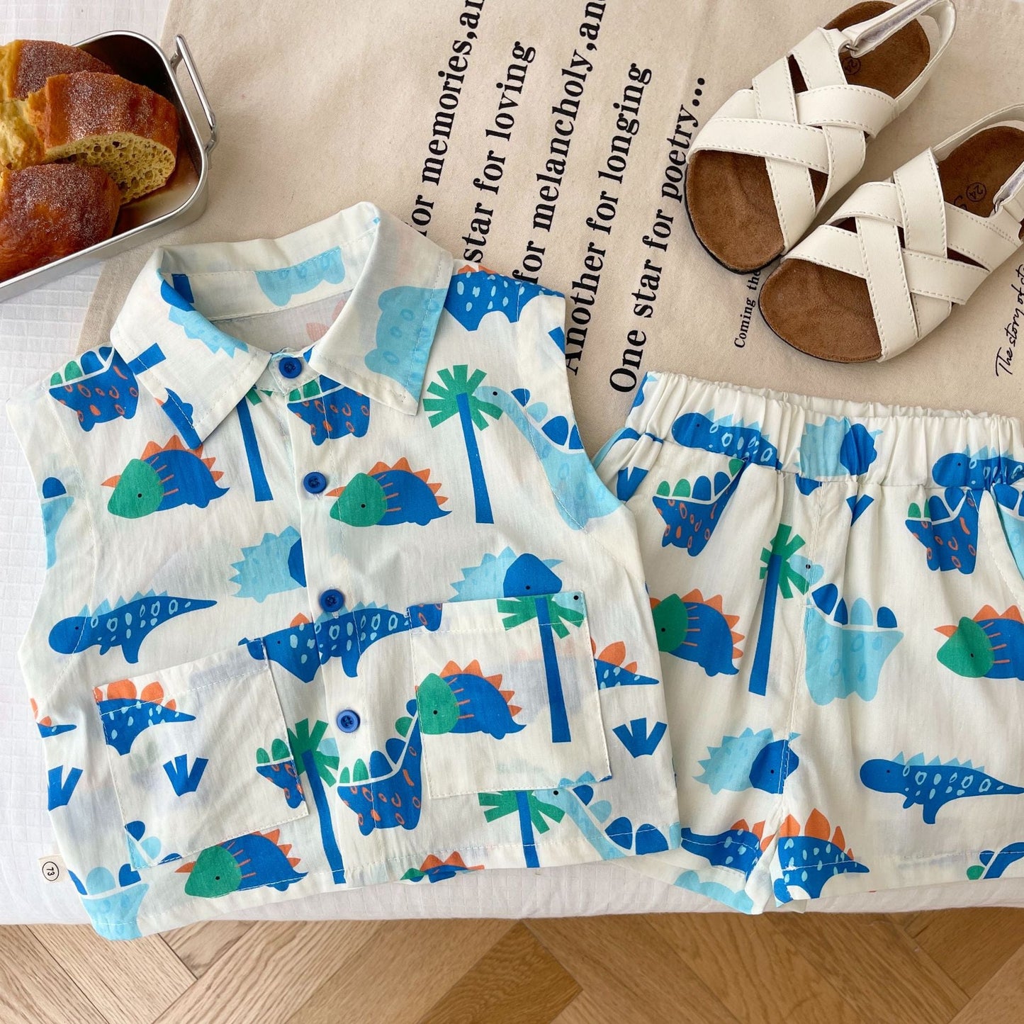 Conjunto Infantil Masculino Azul Dino Bolsinhos