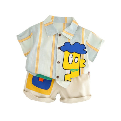 Conjunto Infantil Masculino Camisa Lístras e Bermuda Bolsinho