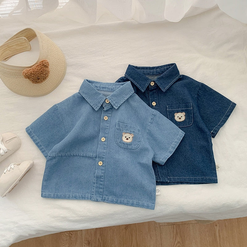 Camisa Infantil Jeans Bolso Ursinho