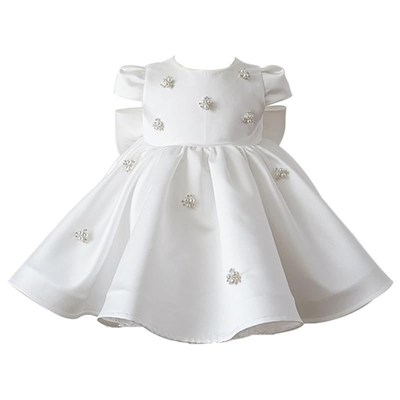 Vestido De Festa Infantil Branco Pérolas e Laçinho