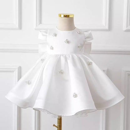 Vestido De Festa Infantil Branco Pérolas e Laçinho