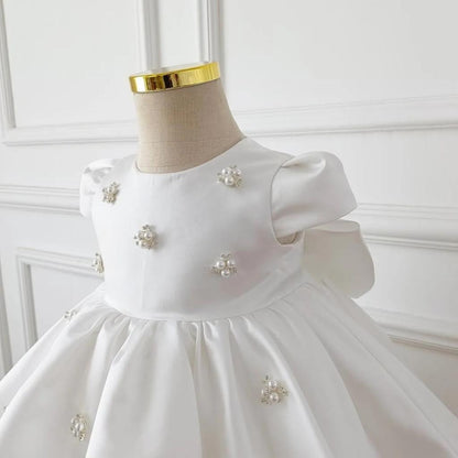 Vestido De Festa Infantil Branco Pérolas e Laçinho