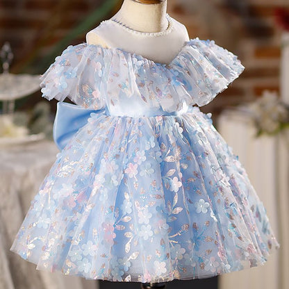 Vestido De Festa Infantil Azul Florzinhas