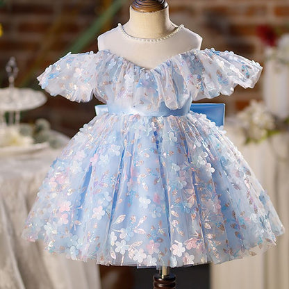 Vestido De Festa Infantil Azul Florzinhas