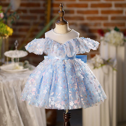 Vestido De Festa Infantil Azul Florzinhas