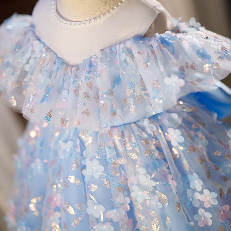 Vestido De Festa Infantil Azul Florzinhas