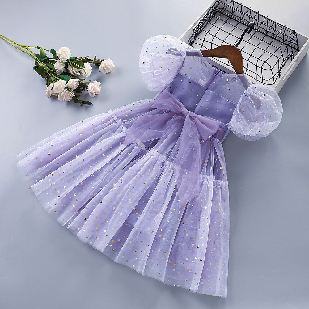 Vestido Infantil Roxo Tule Estrelinhas