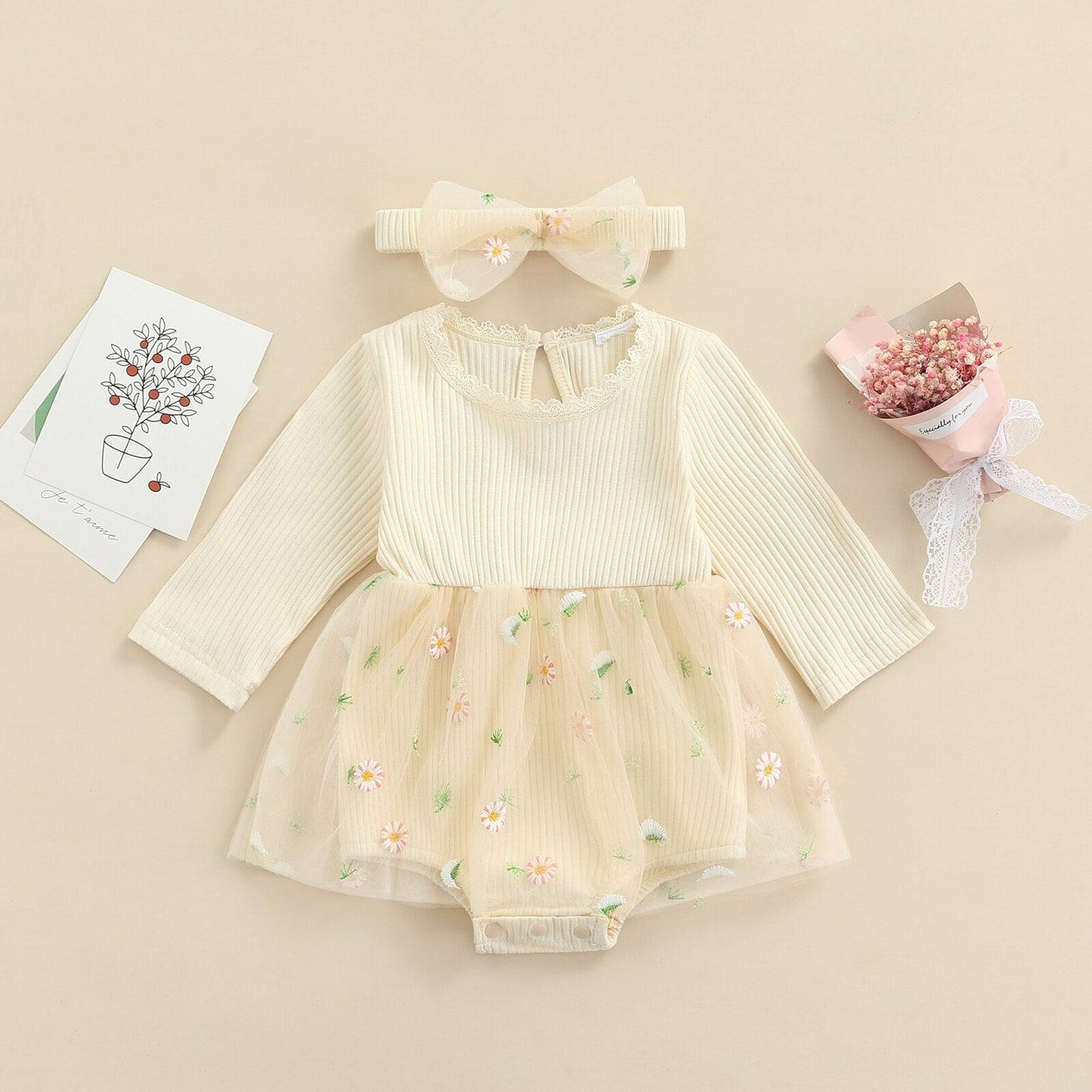 Body Canelado com Saia Tule Vestido Loja Click Certo Bege 0-03 meses 35cm 