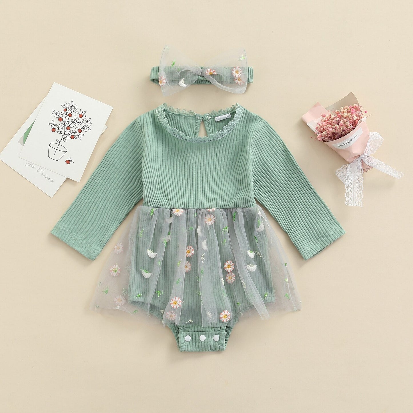 Body Canelado com Saia Tule Vestido Loja Click Certo Verde 0-03 meses 35cm 