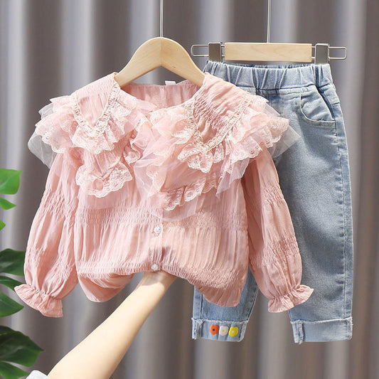 Conjunto Infantil Feminino Blusa Gola e Calça Jeans conjunto Loja Click Certo 