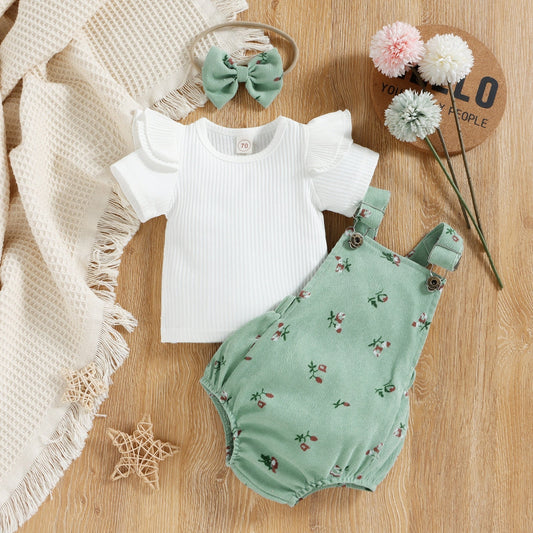 Conjunto Infantil Feminino Body Romper + Blusa + Tiara jardineira Loja Click Certo Verde 0-6 meses 