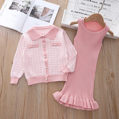 Conjunto Infantil Feminino Vestido e Cardigan Bolsinhos Loja Click Certo 