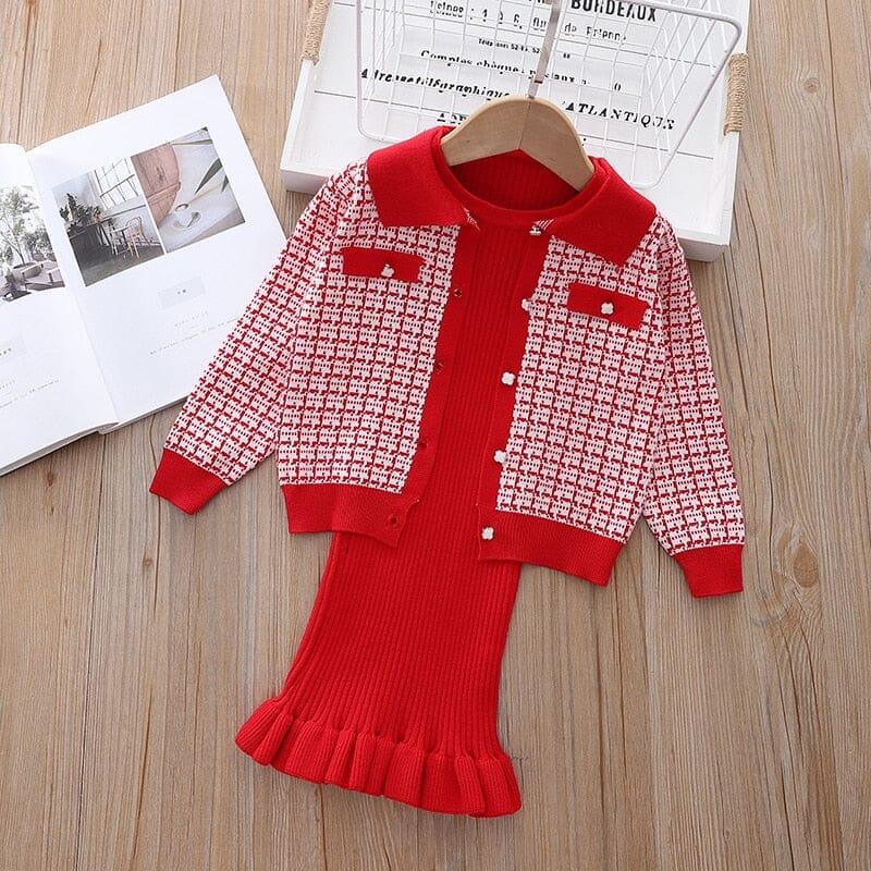 Conjunto Infantil Feminino Vestido e Cardigan Bolsinhos Loja Click Certo 