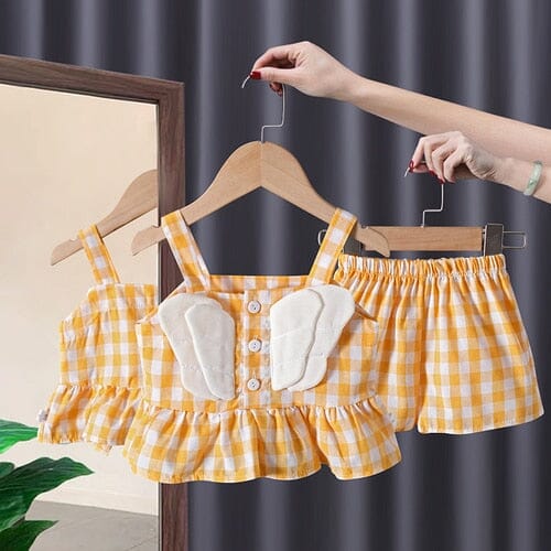 Conjunto Infantil Feminino Xadrez Asas Loja Click Certo Amarelo 1-2 Anos 