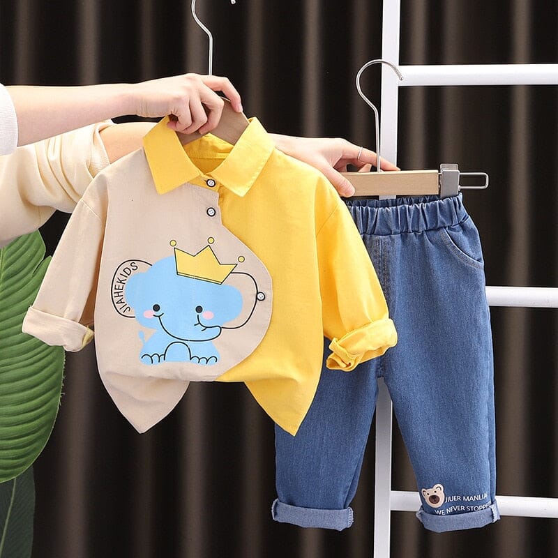 Conjunto Infantil Masculino Elefantinho e Jeans Loja Click Certo Amarelo 6-12 Meses 