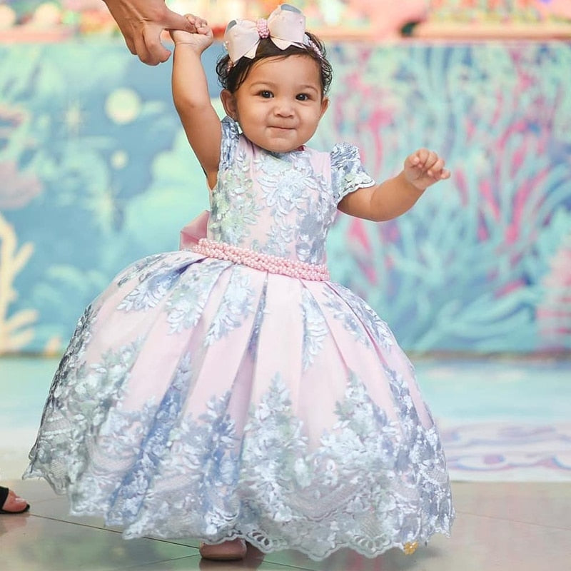 Vestido de Festa Infantil Azul e Bege vestido de festa Loja Click Certo 