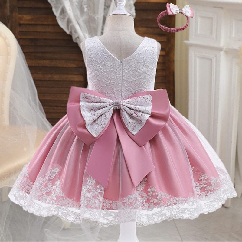 Vestido de Festa Infantil Laço + Faixa 0 Loja Click Certo Branco e Rosa 0-3 Meses 