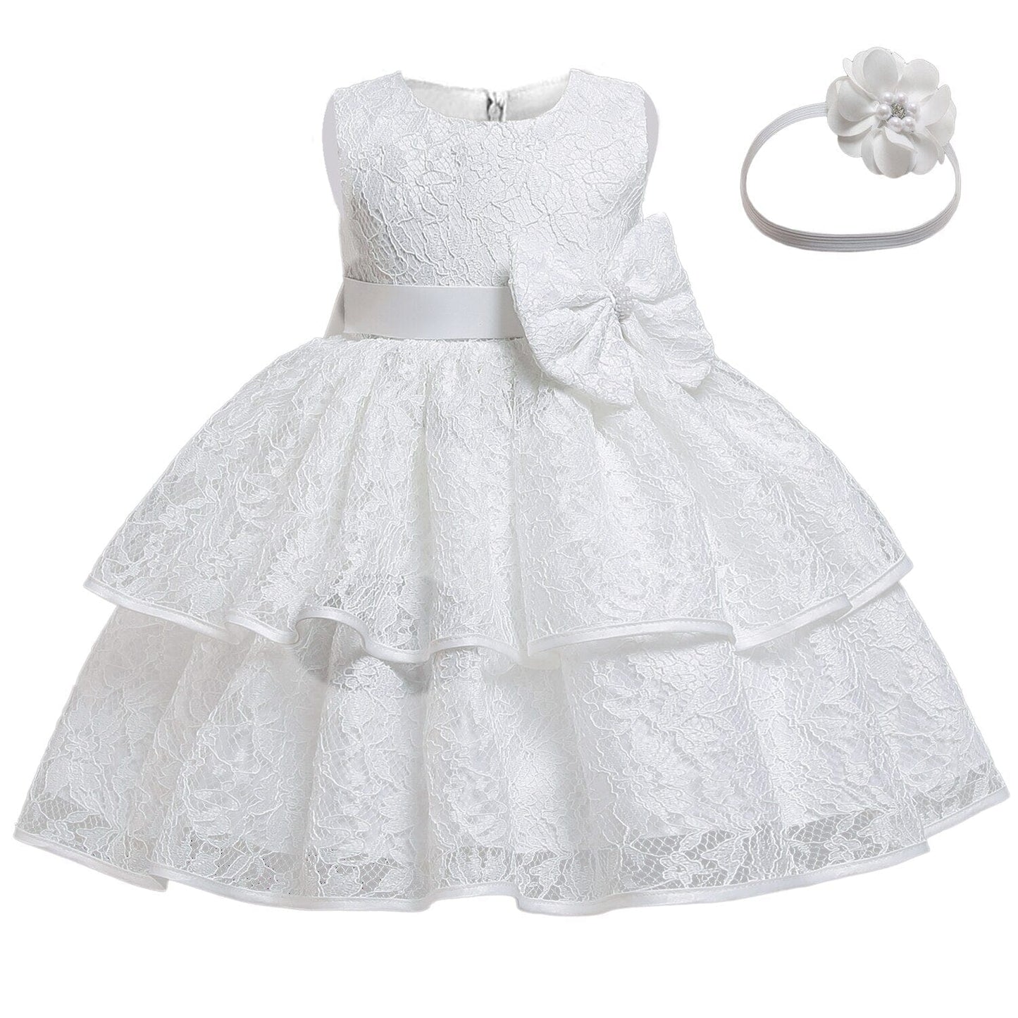 Vestido de Festa Infantil Renda + Faixa 0 Loja Click Certo Branco 0-3 Meses 