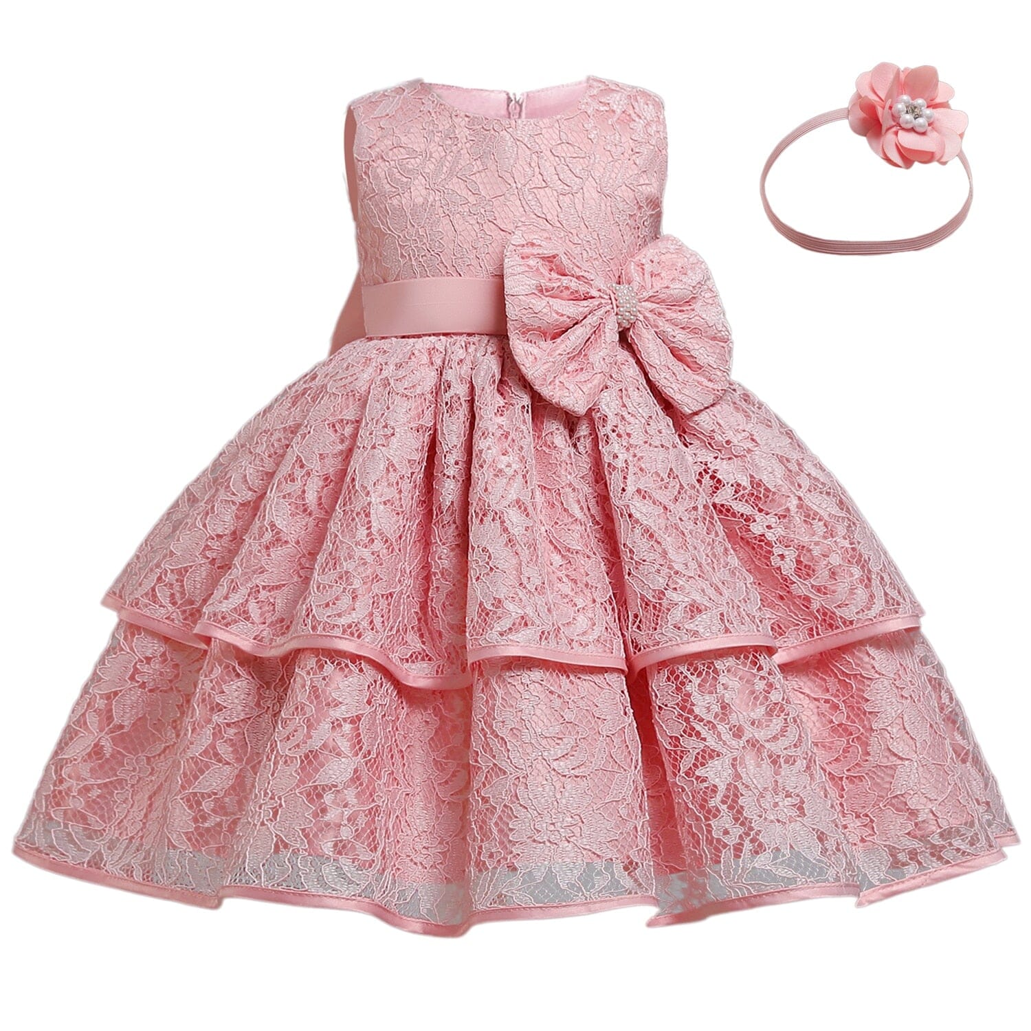 Vestido de Festa Infantil Renda + Faixa 0 Loja Click Certo Rosa 0-3 Meses 