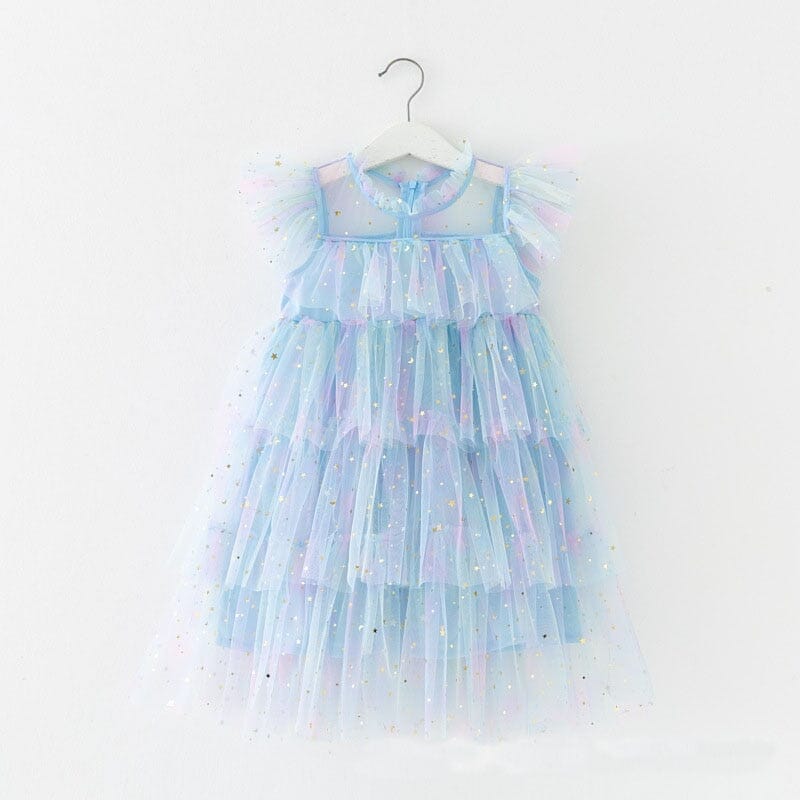 Vestido Infantil Babados Tule Loja Click Certo Rainbow Blue 2T 