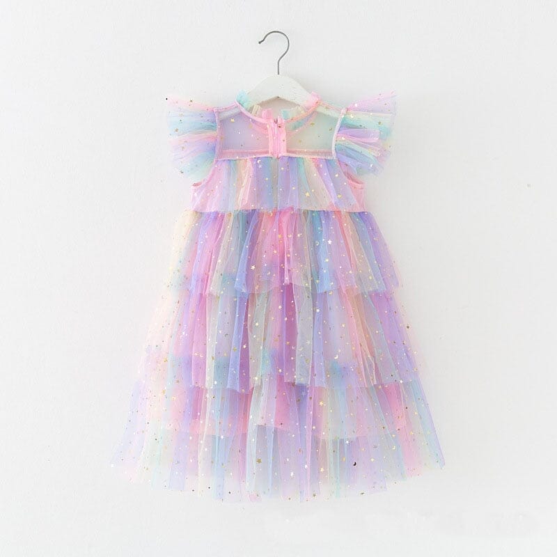 Vestido Infantil Babados Tule Loja Click Certo Rainbow Pink 2T 