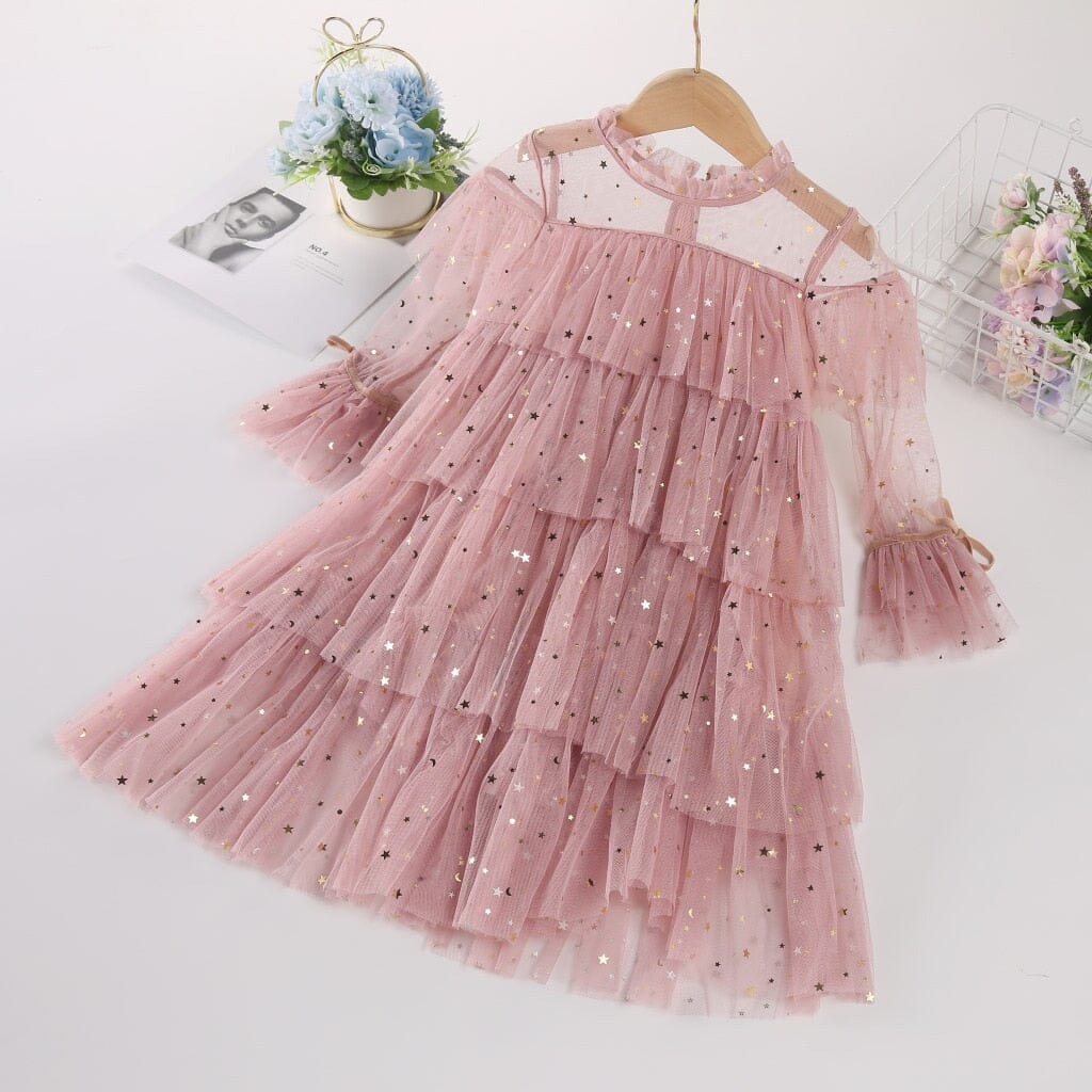 Vestido Infantil Babados Tule Loja Click Certo Rosa 1-2 Anos 