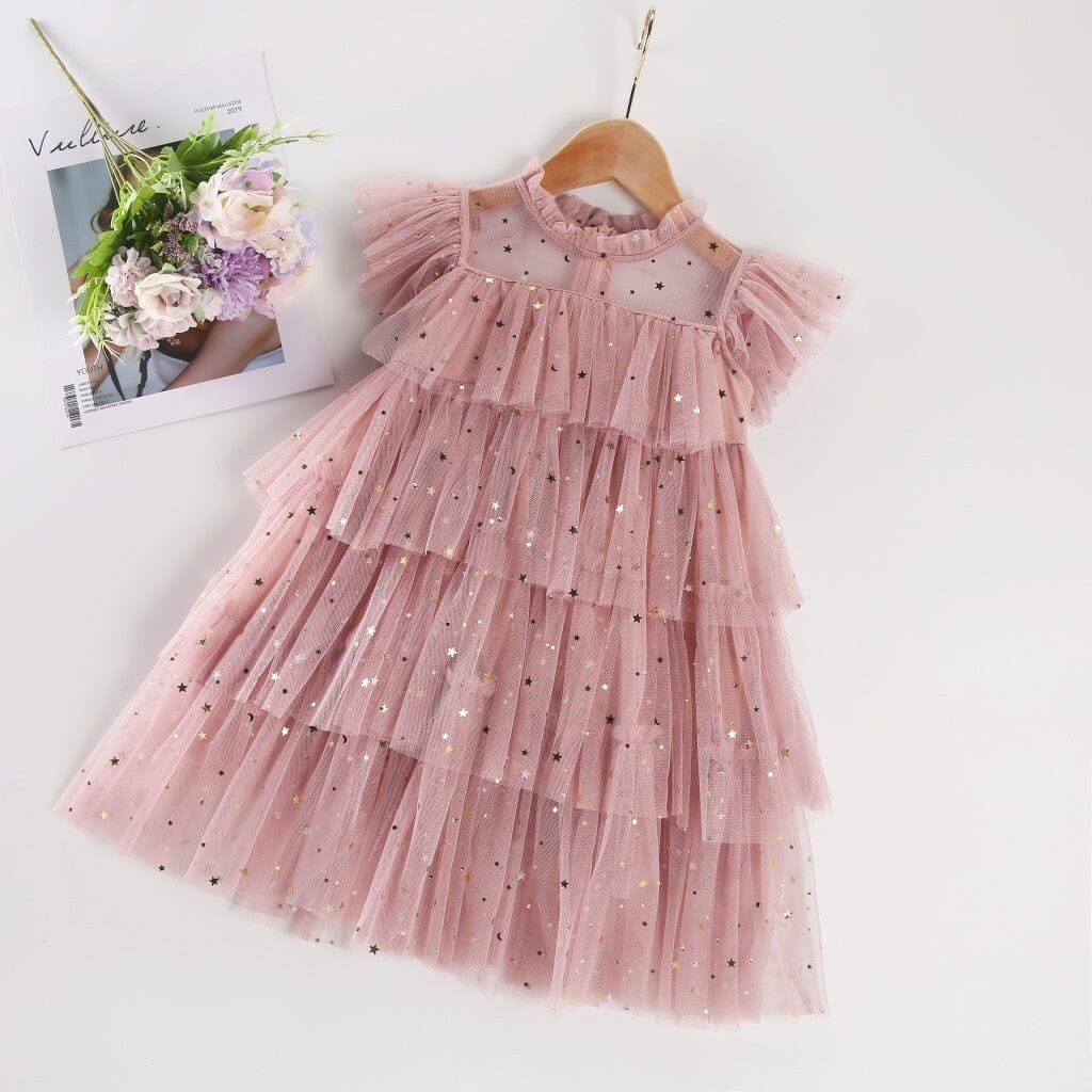 Vestido Infantil Babados Tule Loja Click Certo Rosa Estrelas 1-2 Anos 